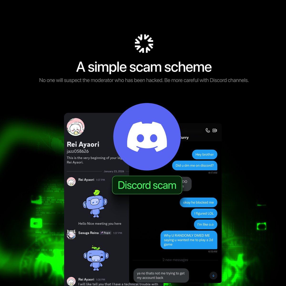 The easiest scam in crypto:

Become a Discord mod.

Here's the playbook:

1. Join 50 new projects. Be helpful. Be active.
2. Get mod role in 2-3 of them. Takes ~2 months.
3. Build trust. Ban scammers. Help newbies.
4. Wait for mint day or big announcement.

5. Post fake link 30