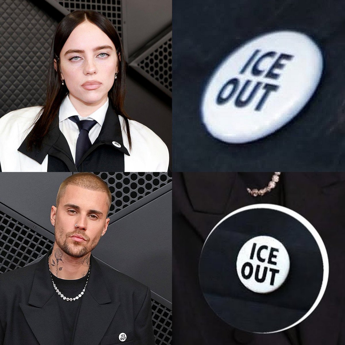 Billspirates's tweet photo. Billie Eilish and Justin Bieber surprise at the Grammys wearing pins with the phrase "ICE OUT" https://t.co/2HnNIAQTn2