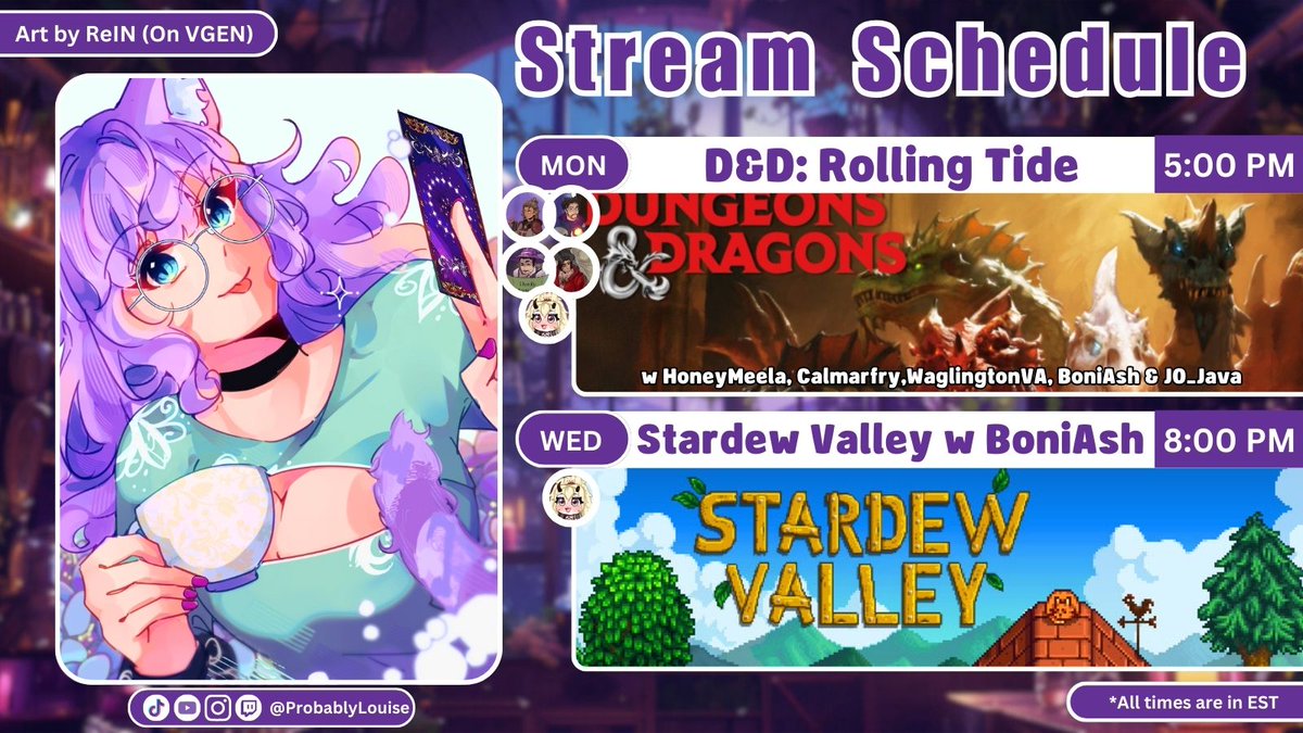 ✨🕯️STREAM SCHEDULE 🕯️✨

⟡ 2/2/26 5:00 PM EST
D&amp;D Rolling Tide: Season 2 Episode 2 w/ Wags, Bee, Cal, Ash and Jo

⟡ 2/4/26 8:00 PM EST
Stardew w/ <a href="/ash_bunbun/">AshB-oni 🩶 👹| VBingy</a> 🌾💜