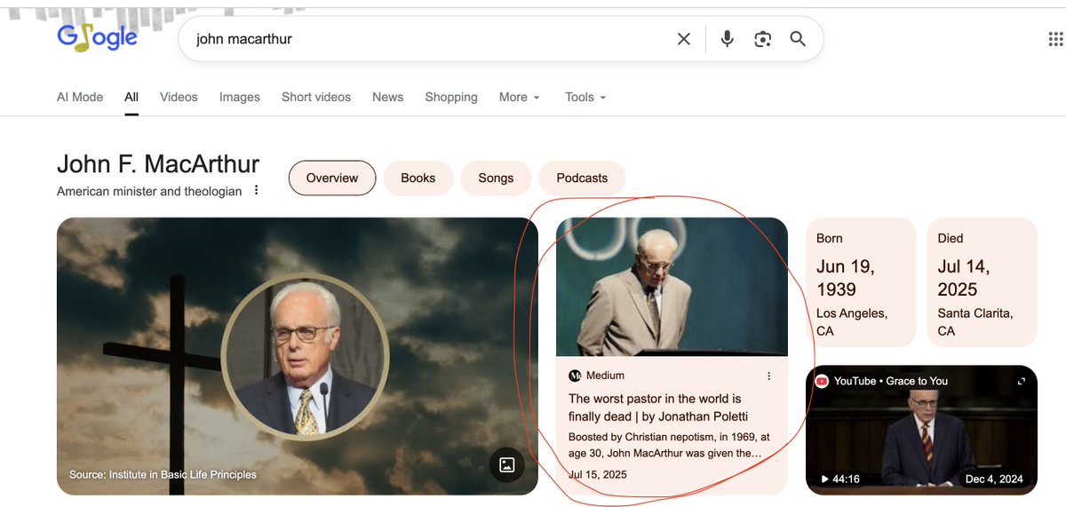 megbasham's tweet photo. Hey, @Google. What is this?? Why is the FIRST thing that comes up on a search for John MacArthur some random gay blogger celebrating his death? Why is your algorithm boosting this garbage, nothing post from someone no one has ever heard of when John MacArthur has a HUGE body of work, a legacy going back decades, and there's an even larger body of writing and analysis of his work??

There is ZERO way I believe this is an organic result. Fix it.