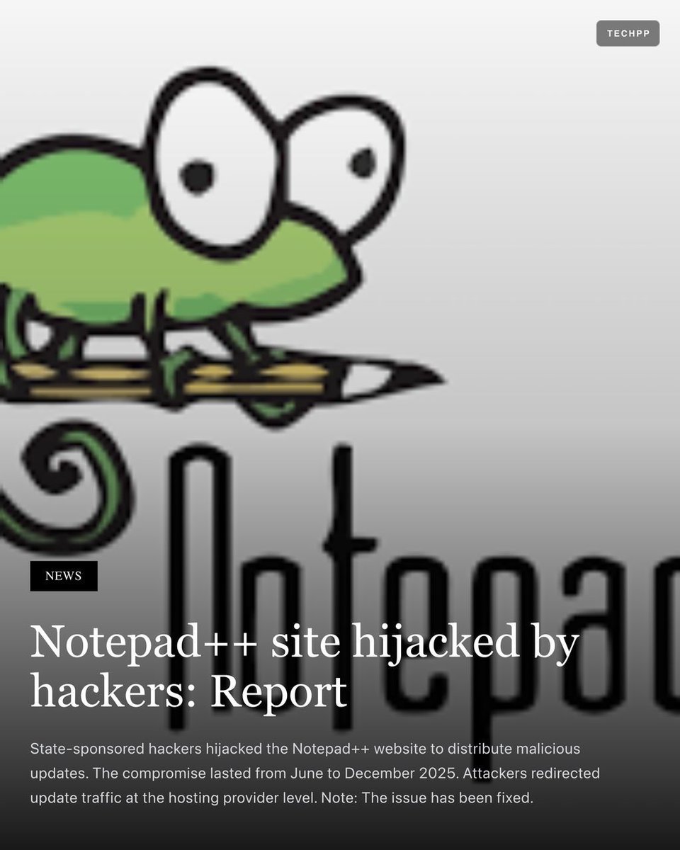 techpp's tweet image. Notepad++ site hijacked by hackers: Report

#Security #Notepad #Hacking #China