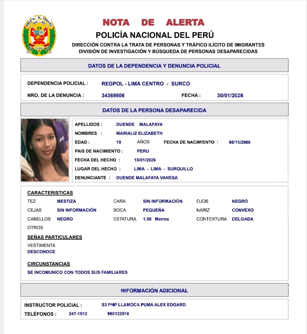 🚨 #LatinaTeBusca | Marializ Elizabeth Duende Malafaya de 19 años ha desaparecido. Fue vista por última vez el 15 de enero en Surquillo. Si tienes información sobre su paradero, comunícate al 977396811 con su prima Maribel Melendez.