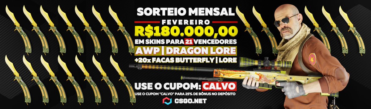 CanalDoSaullo's tweet image. SORTEIO MENSAL FEVEREIRO ★ AWP DRAGON LORE + 20 BUTTERFLY KNIFE LORE
Valor: R$180.000,00

SORTEIO de uma AWP DRAGON LORE + 20 BUTTERFLY KNIFE LORE para quem usar o cupom CALVO no CSGONET que te da 25% de bônus no deposito

canaldosaullo.com.br/giveaways/9cd1…
