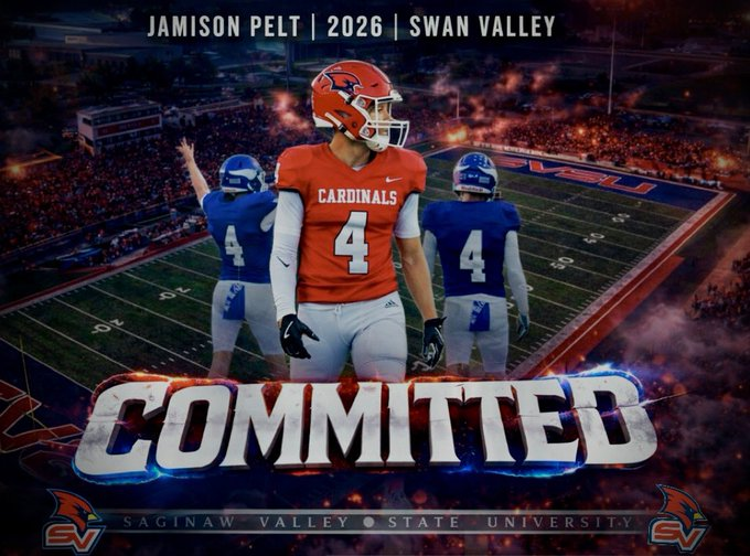 Swan Valley 2026 WR/S Jamison Pelt has flipped his commitment to Saginaw Valley State

football.thedzone.com/players/jamiso…