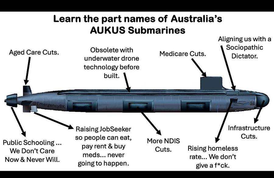 Stop the AUKUS nuclear submarines!
Online public meeting Feb 11.
Organised by No Nuclear Subs SA
Wednesday February 11, 2026. 6pm to 7.15pm SA time (6.30-7.45pm eastern)
Speakers and zoom login details posted at facebook.com/events/2299752…