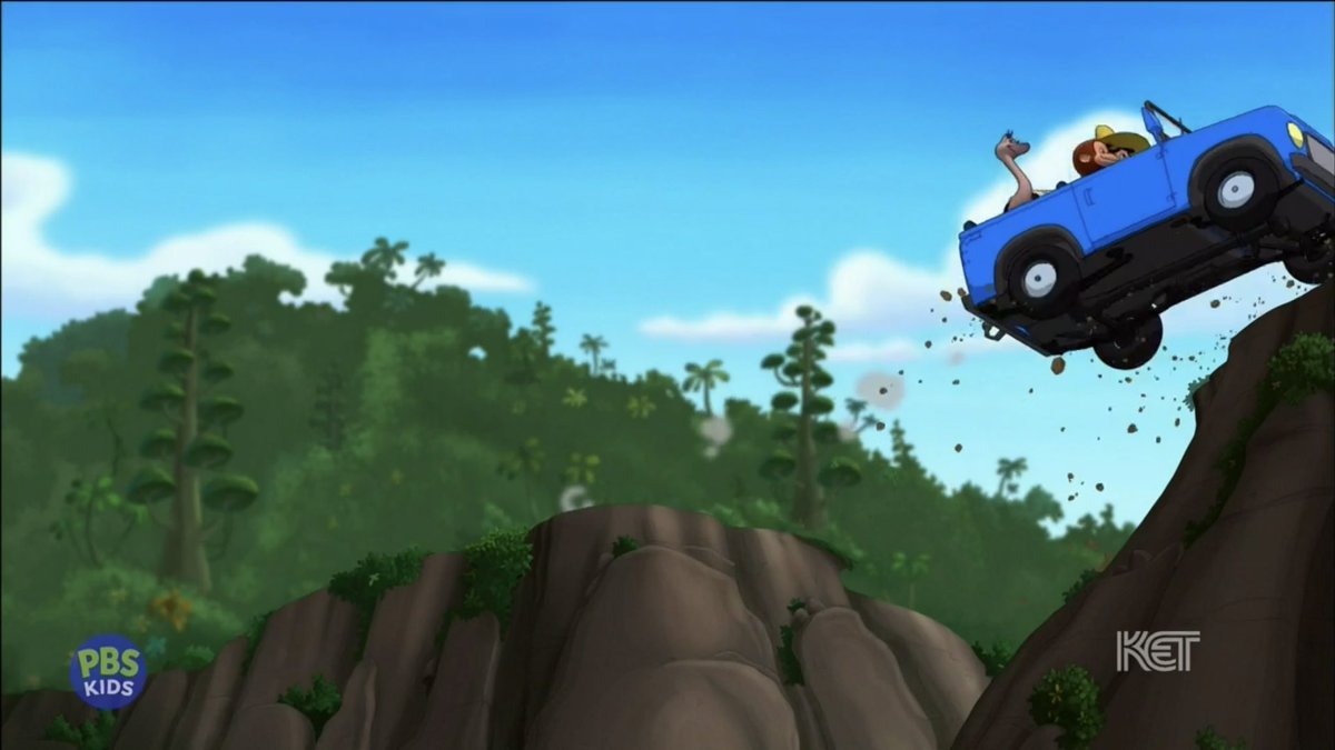SplendidLee6258's tweet photo. This one frame from Curious George 3: Back to the Jungle, where George, Ted, and Strich are all briefly shown in 3D as they travel in a blue jeep jumping over a chasm. Their faces appear to look fine, but they’re actually screaming at that moment.

#CuriousGeorge #PBSKids https://t.co/DCED7wraXm