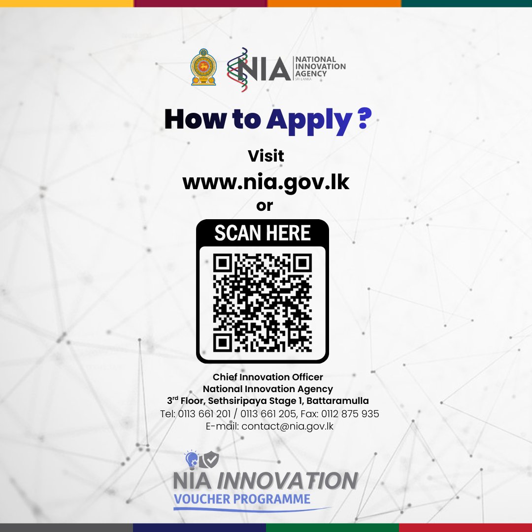 The National Innovation Agency (NIA) proudly introduces the Innovation Voucher Programme, launched for the first time in Sri Lanka to empower innovators, startups, SMEs, and universities to turn ideas into real-world impact.