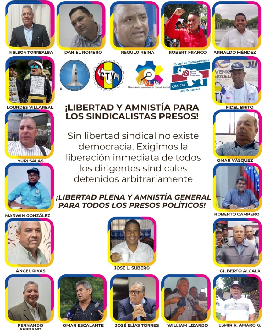 El respeto a la libertad sindical es vital para el diálogo tripartito, para la reconciliación nac,  el des. econ sostenible  y la justicia social en Vzla. Exigimos la liberación de José Elías Torres, Sec. Gen (e) de la CTV y todos los sindicalistas presos.
¡Libertad  y Amnistía!