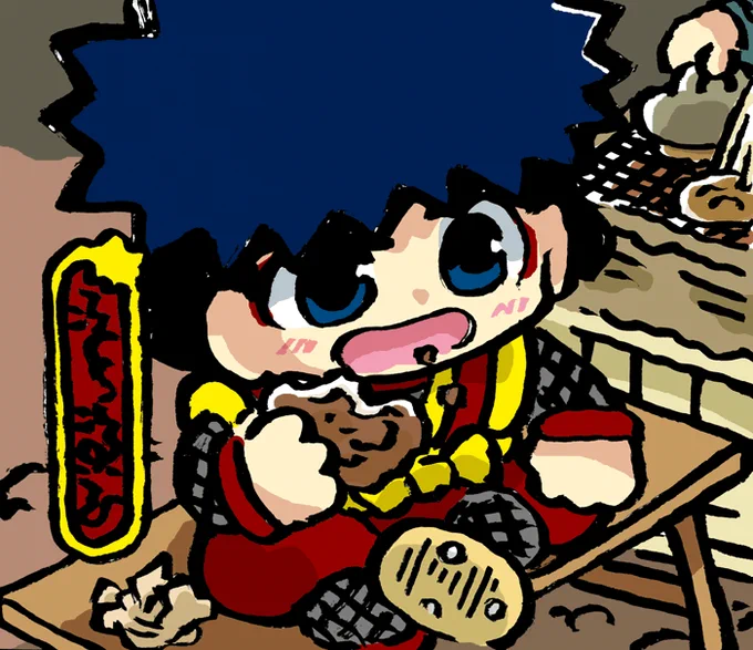 がんばれゴエモンのイラスト描く。煎餅たべるゴエモン。