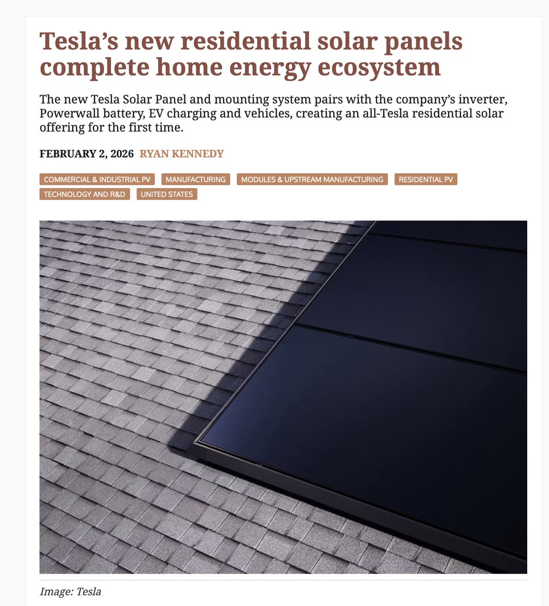 SawyerMerritt's tweet image. "The new Tesla Solar Panel and mounting system pairs with the company’s inverter, Powerwall battery, EV charging and vehicles, creating an all-Tesla residential solar offering for the first time.

While Tesla has been a dominant player in storage with the Powerwall, a market…