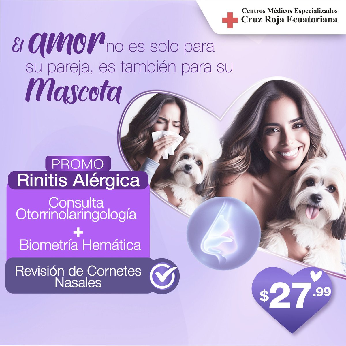 CentrosCre1's tweet image. 🐶🫶🏻¿Las ALERGIAS no te dejan disfrutar plenamente de tu PELUDO favorito? 

¡Tenemos la solución!
🌸 PROMO RINITIS ALÉRGICA - $27.99
INCLUYE:
✅ Consulta de Otorrinolaringología +
✅ Biometría Hemática +
✅ Revisión de Cornetes Nasales