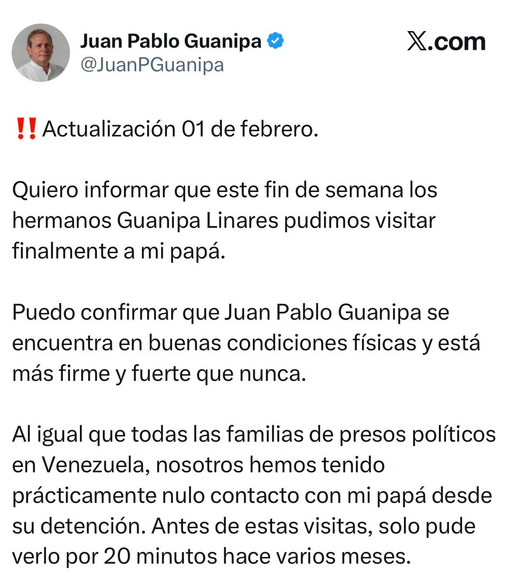 estendenciavzl's tweet photo. "Juan Pablo Guanipa" es tendencia porque sus hijos informaron que pudieron visitarlo este fin de semana. 

“Se encuentra en buenas condiciones físicas y está más firme y fuerte que nunca” https://t.co/hR4rEQDHhk