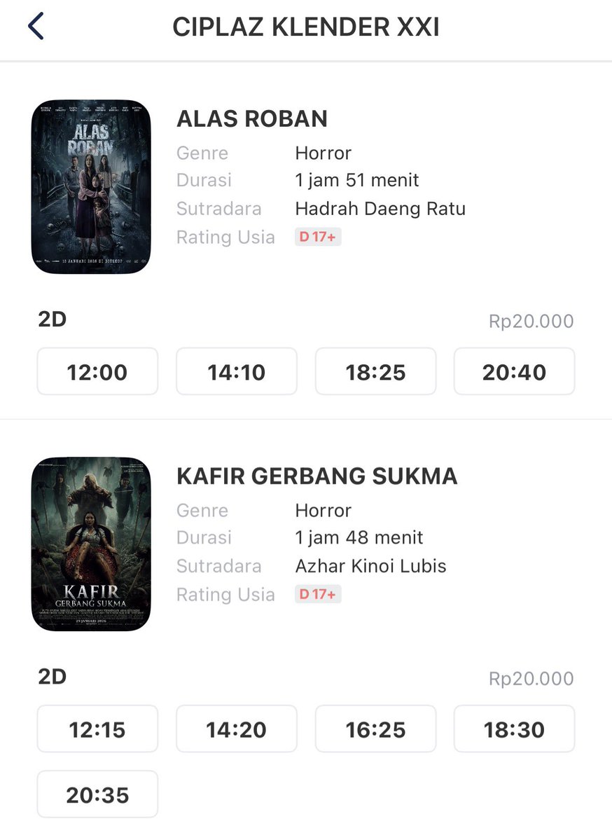 tvindonesiawkwk's tweet image. List bioskop termurah di Jakarta

1. Ciplaz Klender XXI - Rp 20.000 
2. Cibubur Junction Cinepolis - Rp 32.000
3. Hollywood XXI - Rp 25.000
4. Lippo Mall Nusantara Cinepolis - Rp 37.000
5. One Belpark XXI - Rp 35.000
6. Gajah Mada Cinepolis - Rp 39.000
7. Bella Terra Lifestyle…