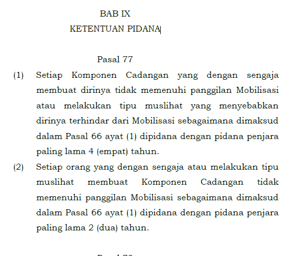Jatosint's tweet photo. "para ASN diikutsertakan" apakah ini artinya disuruh/diwajibkan? Kalau iya, bukannya ini bertentangan dengan UU PSDN yang di Pasal 28 ayat (2) jelas disebutkan bahwa bahwa Komcad bersifat Sukarela?

FYI jadi Komcad itu bukan ikut latihan dasar militer/bela negara biasa. Jadi Komcad berarti HARUS siap dimobilisasi (ada ancaman pidana, Pasal 77, kalau gk memenuhi) ketika terjadi darurat militer atau keadaan perang

Dan sesuai hukum humaniter, begitu dimobilisasi Komcad akan kehilangan status dan perlindungannya sebagai warga sipil dan jadi kombatan yang SAH untuk ditembak. Ditambah lagi hukum militer juga berlaku untuk lo (Pasal 46)

Jadi konsekuensinya gk sembarangan