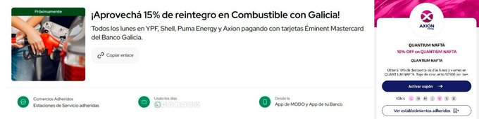 ahorrotwit's tweet photo. ¡Lunes de nafta! ⛽
Cargando con @MODO_Arg + #MastercardArg @BancoGalicia:
10% tope $10.000/mes en @YPFoficial @shell #Axion #PumaEnergy
15% tope $15.000 #eminent
10% extra tope $5.000 si cobrás sueldo
En #Axion: cupón 10% tope $7.500 #Quantium
¡Ahorrá en combustible! 🔥 https://t.co/F8Crqv478h