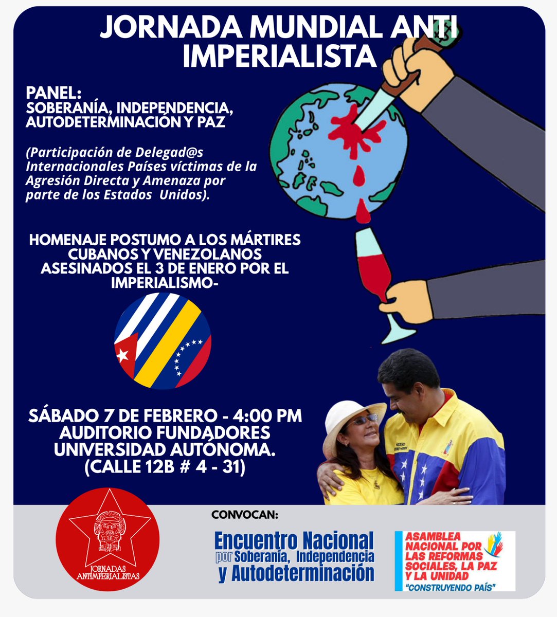 SEMANA ANTIIMPERIALISTA

#ColombiaSoberana
#VenezuelaSoberana
#CubaSoberana
#LatinoAmericaSoberana

Colombia se levanta en defensa del Presidente <a href="/petrogustavo/">Gustavo Petro</a> al no ser ningún narcotraficante; la libertad de <a href="/NicolasMaduro/">Nicolás Maduro</a> y en contra de las agresiones yankees a <a href="/PresidenciaCuba/">Presidencia Cuba 🇨🇺</a>