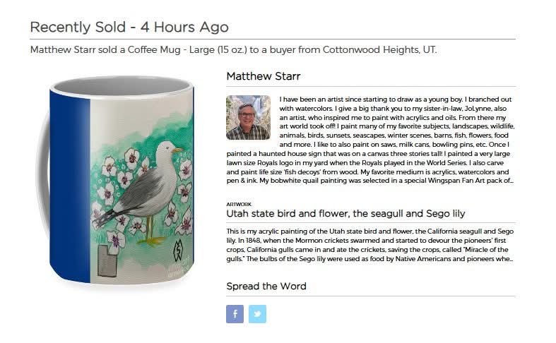 MattStarrFineA1's tweet image. I recently sold a large coffee mug with a print of my work of art called “Utah state bird and flower, the seagull and Sego lily” in my Fine Art America art shop: fineartamerica.com/saleannounceme… 

#mattstarrfineart #Utah #SaltLakeCity #seagull #coffeemugs #mugs #coffee #artists