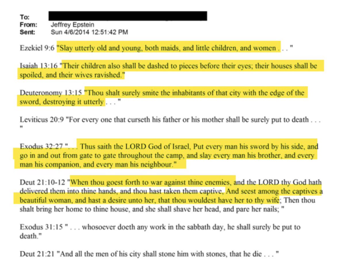 Epstein quoted the Bible. 
Was he inspired by it? Will the Bible be banned/revised/blamed?