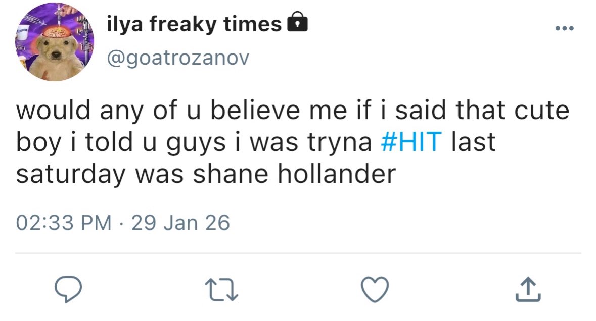 sharlshane's tweet photo. a kinda actor #hollanov smau

After a spark-filled night together at a club, Ilya &amp; Shane forget to exchange numbers. A few days later while watching a movie, Ilya has a life-changing realization: "the one that got away" is actor Shane Hollander! In turn, Ilya gets a bit obsessed https://t.co/y7SoGzCZMf
