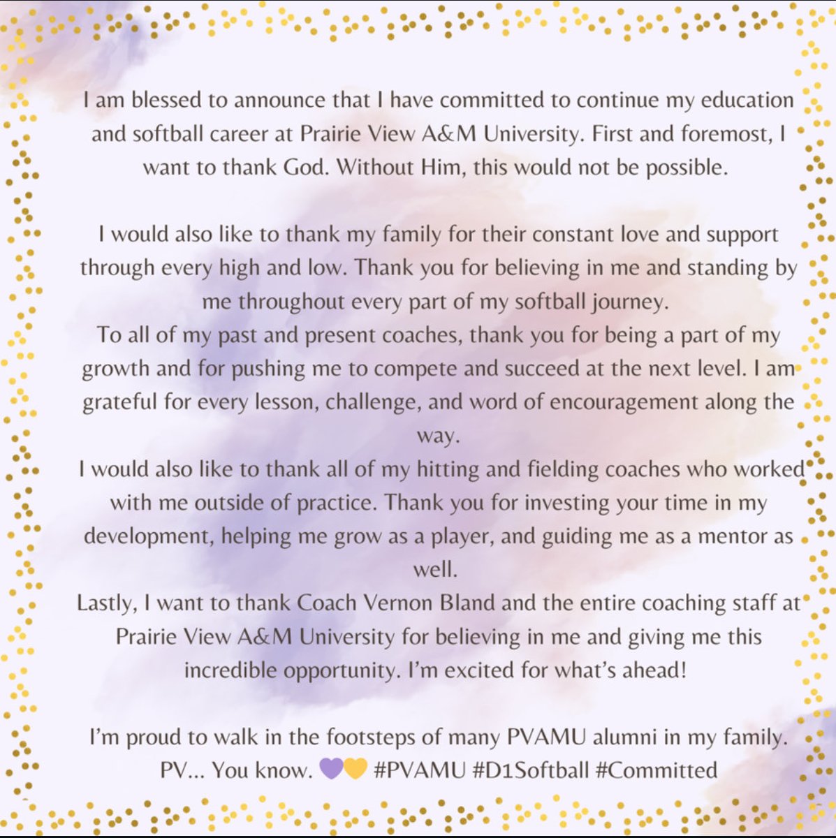 JaNiyaWhiting26's tweet photo. I would like to announce my commitment to continue my education and athletic career @pvamusoftball ! Special thanks to @CoachVLB & his coaching staff.💜💛🐾 #GoPanthers #HBCU #D1 @illusionsbrew @JV_Softball1 @jvfalconsath @MLBDevelops @Sowell33 https://t.co/uilxus84z4