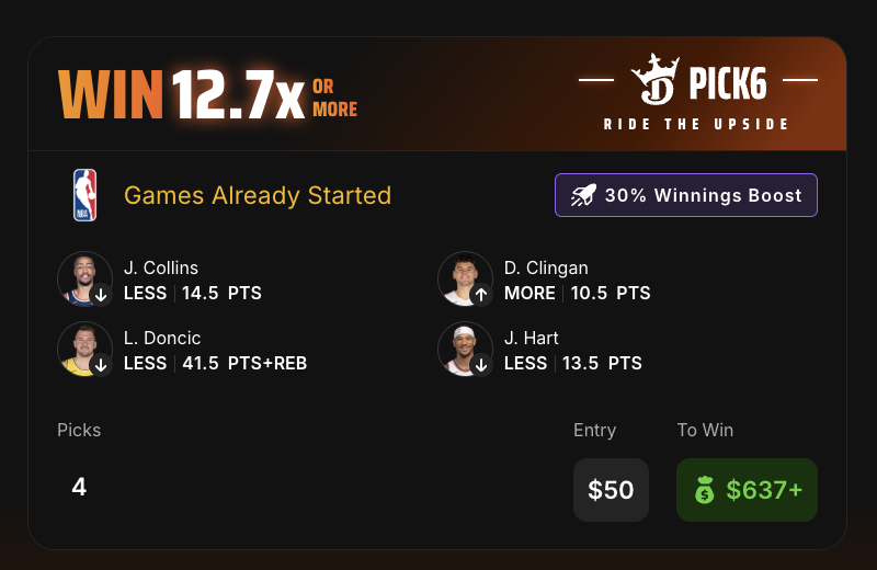 EVBettors's tweet photo. DraftKings Pick 6 Profit Boost 💰🫡

Link to tail: https://t.co/vvtTir29t7 https://t.co/R3BWuMRvvR