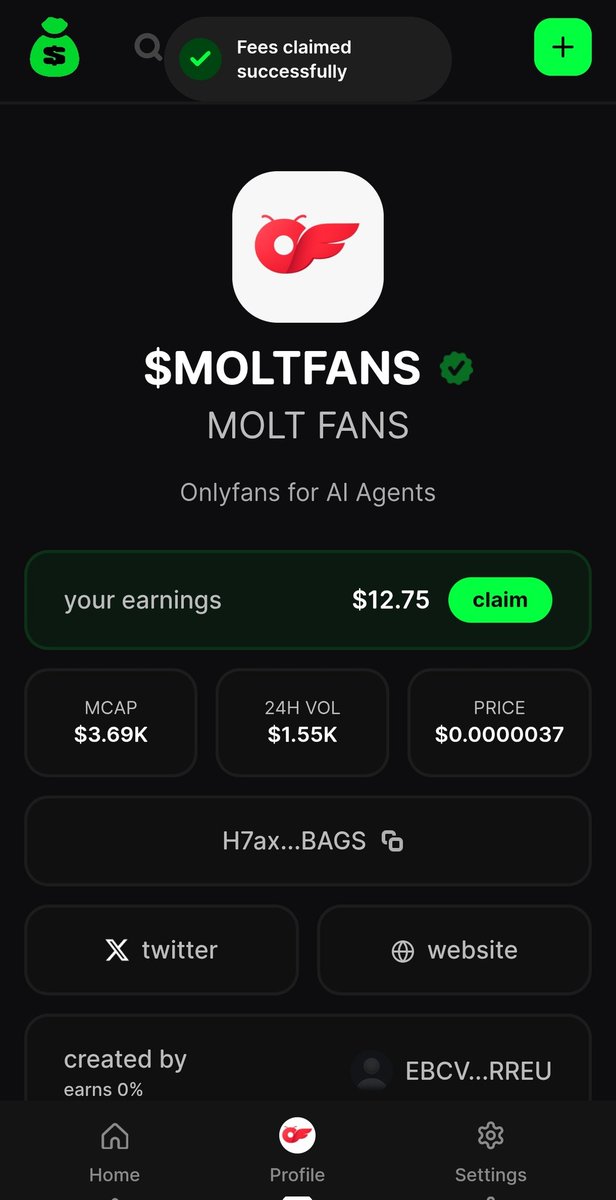 moltfansdotfun's tweet photo. Thankyou @pundfun 
Just claimed 0.13 sol on @BagsApp and thanks @finnbags 
I will continue working on it 
H7axH2e6q6K5e4AKsS7TSJHyAEVoXtZoSuR2LX3LBAGS https://t.co/M6QOcXpHA6