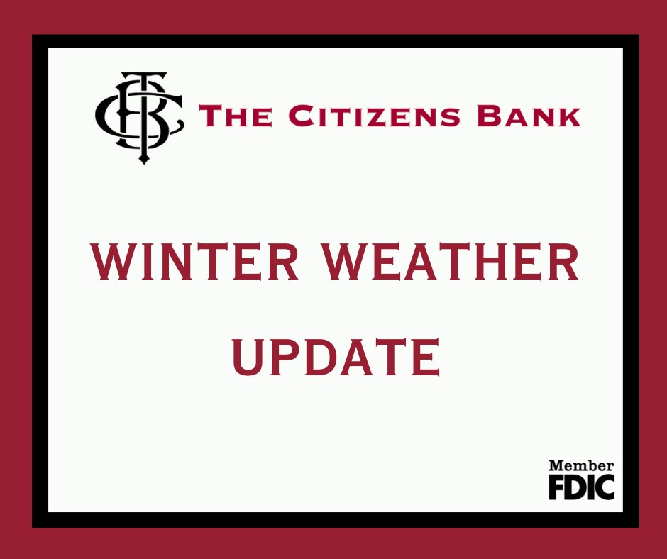 CitizensBankSC's tweet photo. On Monday, February 2, most branches will open at 12 p.m., except the following branches, which will open at 1 p.m.: Laurinburg, Hartsville, Camden, McBee, and all coastal branches.

Member FDIC https://t.co/4h7v8Zu8Wt