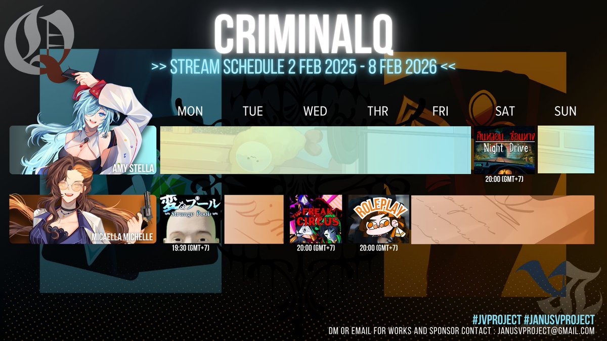 Janusv_Project's tweet image. SCHEDULE  2 FEB  2026 - 8 FEB 2026
========================          
-UNIT-      
#ZENTRION
#CRIMINALQ
========================         
 #VtuberTH #JVProject