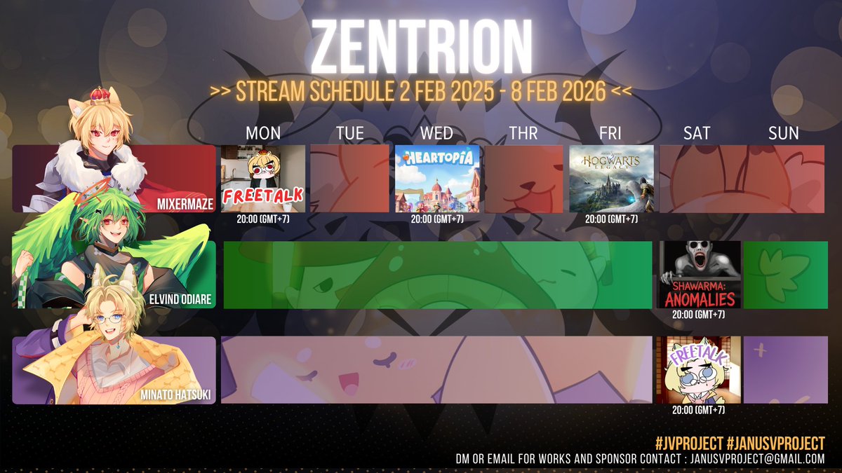 Janusv_Project's tweet image. SCHEDULE  2 FEB  2026 - 8 FEB 2026
========================          
-UNIT-      
#ZENTRION
#CRIMINALQ
========================         
 #VtuberTH #JVProject