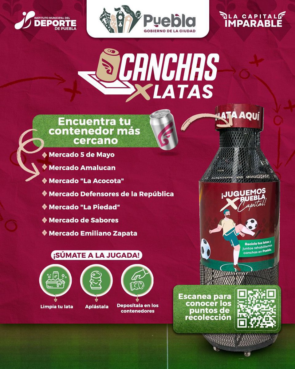 pepechedrauimx's tweet photo. Súmate a #CanchasXLatas llevando tus latas a los centros de acopio. ☝🏻

Con tu ayuda podremos convertir lo que antes era basura en canchas para nuestra Ciudad, juguemos por #Puebla y participa. 🙌🏻♻️ https://t.co/i8oqd1FEPR