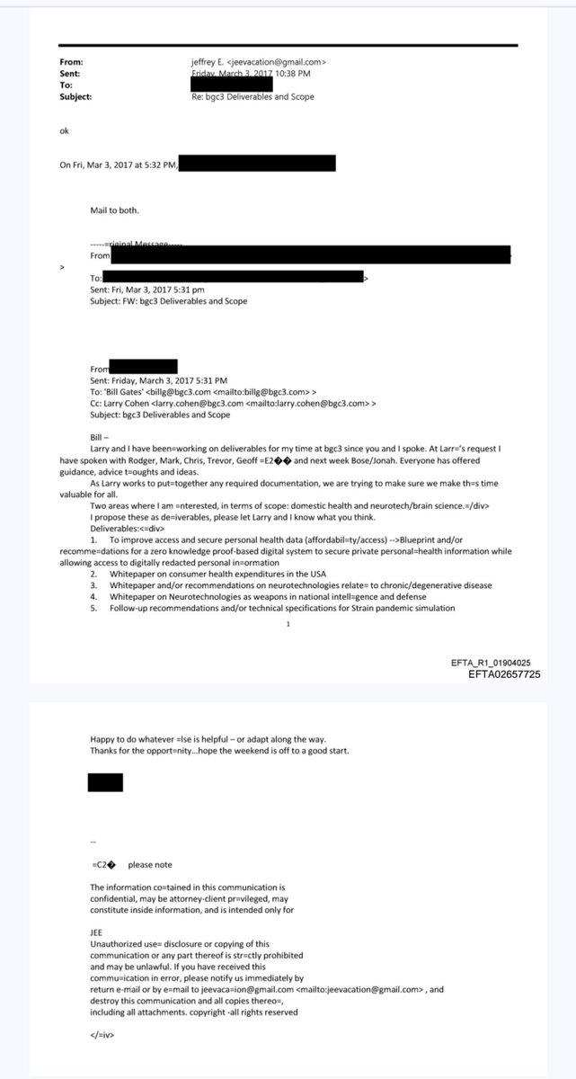 🛑 IMPORTANTE 🛑
justice.gov/epstein/files/… 
Aquí un mail dirigido por alguien desconocido a Bill Gates y Epstein: Larry Cohen y el desconocido hacían recomendaciones sobre:
- neurotecnologías como armas en inteligencia nacional y defensa relacionadas con enfermedades
- gastos de
