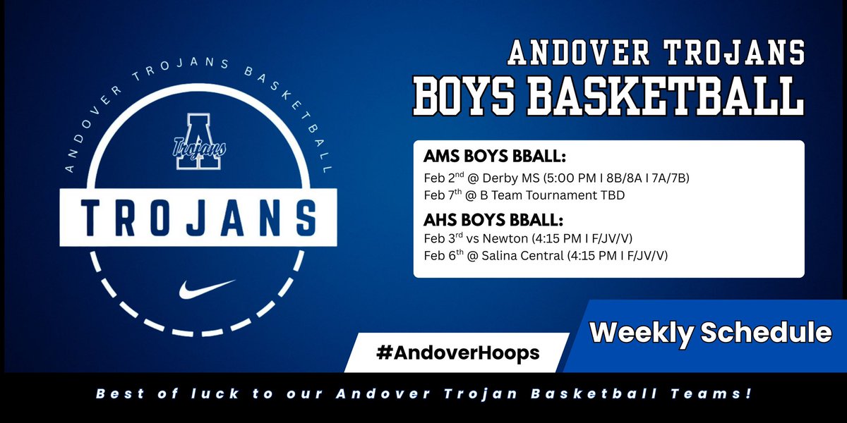 AndoverHoops's tweet photo. This week in Andover Boys Basketball:

🔹 January Skills &amp; Drills T-Shirts can be picked up tomorrow at AHS Gym B from 4:00-5:00 PM. Or you can pick them up Tuesday night at the home basketball game.

#AndoverHoops | ⚪️🔵 | 🗓️⤵️ https://t.co/83BNXBHheK