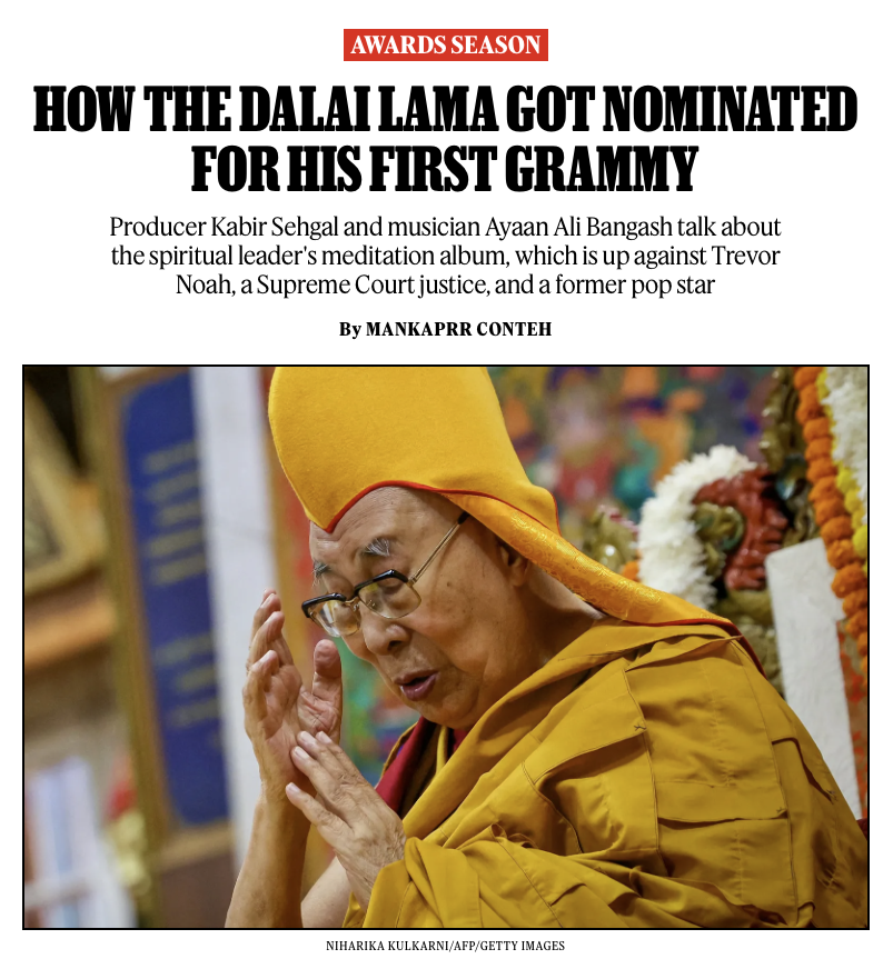 RollingStone's tweet photo. The Dalai Lama just won his first #GRAMMYs Award for Best Audio Book, Narration, and Storytelling Recording. 

The spiritual leader’s meditation album features innovative collaborations with Hindustani classical influences.

🏆 https://t.co/h6sxjOtq12 https://t.co/JWudKChdV3