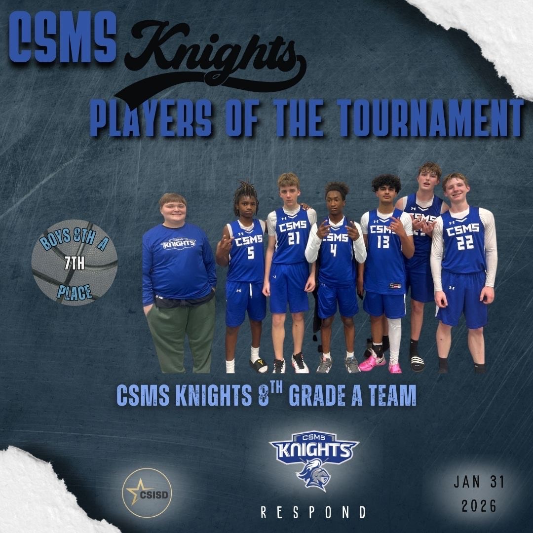 CSMS_Boys_Ath's tweet photo. 🏀 Proud of our CSMS athletes who competed in the District Tournament this weekend!
👏 Shoutout to our Players of the Tournament for their grit, growth &amp; leadership.
They’ve RESPONDED to every challenge with character &amp; heart all season long.🏆@CSISDAthletics https://t.co/Vh8l99JJzF