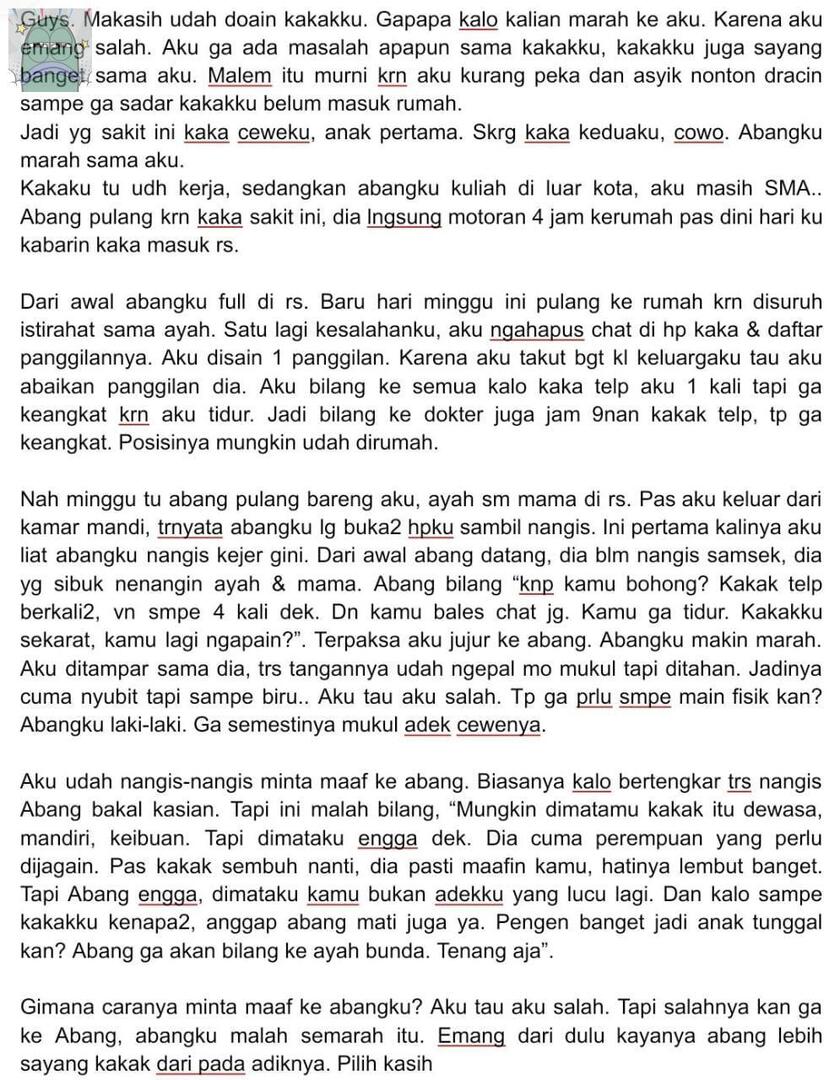 tanyarlfes's tweet image. 💚  harus gmn biar abangku maafin aku?minta maafnya gmn? Sakit bgt semalam jaga depan icu berdua sm abangku. Malam sebelumnya aku disuruh tiduran di pahanya jadiin bantal. Skrg didiemin😭Abang suruh aku pulang. Tp aku gamau. x.com/i/status/20176…