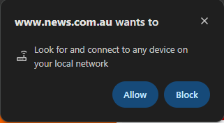 b2dnz's tweet photo. Excusi? @newscomauHQ WTF!

Look for and connect to "ANY" device on my Local network?

I was already barely using your site, but now I'm definately not using your sad excuse of a an adware site website anymore! Cya

#CyberSecurityRisk https://t.co/WeNSeAFAko