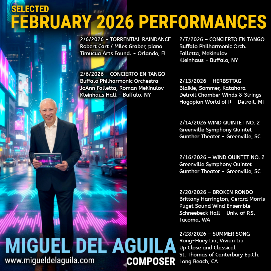 Some February performances of my music. Excited to invite you to hear these incredible musicians bring to life these works, each in their own way. Come join us and say hello if you are nearby #MigueldelAguila #AmericanComposer #LiveMusic2026 #BuffaloPhilharmonic #JoAnnFalletta