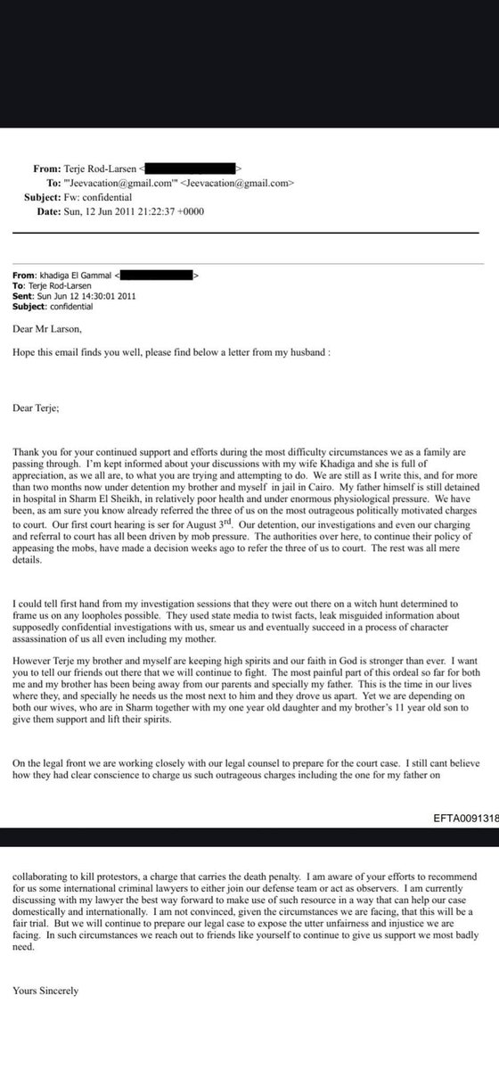 رسالة من خديجة الجمال( زوجة جمال حسني مبارك)  إلى دبلوماسي نرويجي الذي حولها بدوره إلى إبستين:

الموضوع: إعادة توجيه: سري
التاريخ: الأحد، 12 يونيو 2011 21:27 +0000

من: خديجة الجمال <محجوب>
إلى: تيرجه رود-لارسن
الموضوع: سري
التاريخ: 12 يونيو 14:30:01 2011
عزيزي السيد لارسن،
أتمنى