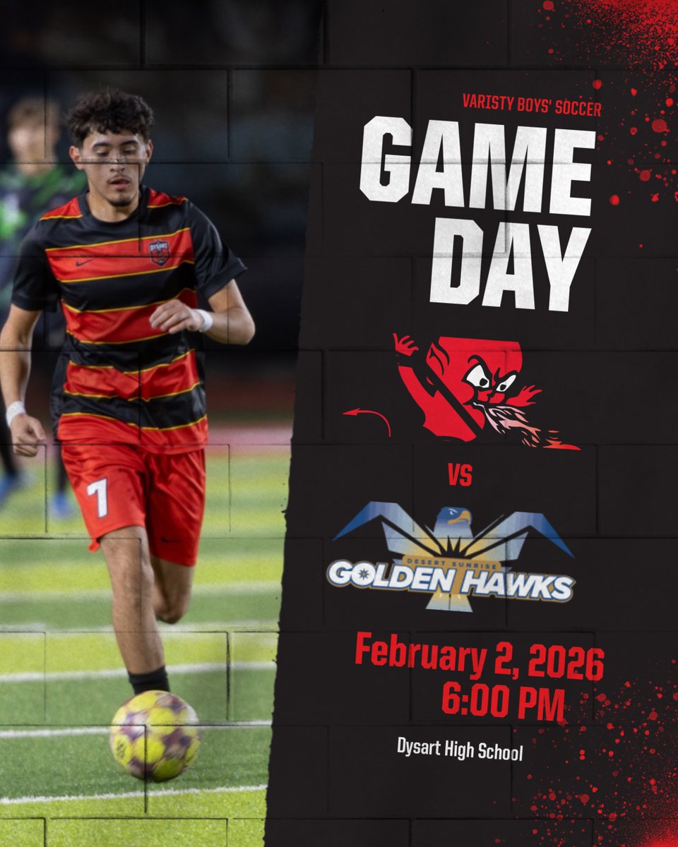 dysartdemons's tweet photo. ⚽️🔥Tomorrow is GAME DAY for our Varsity Boys' Soccer team🔥⚽️ Join us tomorrow night at 6pm as our Dysart Demons take on the Desert Sunrise Golden Hawks. We will also be celebrating our incredible seniors! 🎉 #DemonNation #DysartStrong #OnceADemonAlwaysADemon https://t.co/Dq5vq1Y406