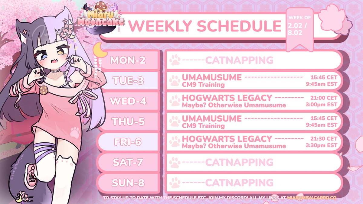 Here's the new schedule! I want to try to have the streams a bit more spaced out next week but I need to figure out what work is gonna look like in February so I want to take the cautious approach this first week of the month 💖 see you soon mewmews 💫
#Vtuber #umamusume