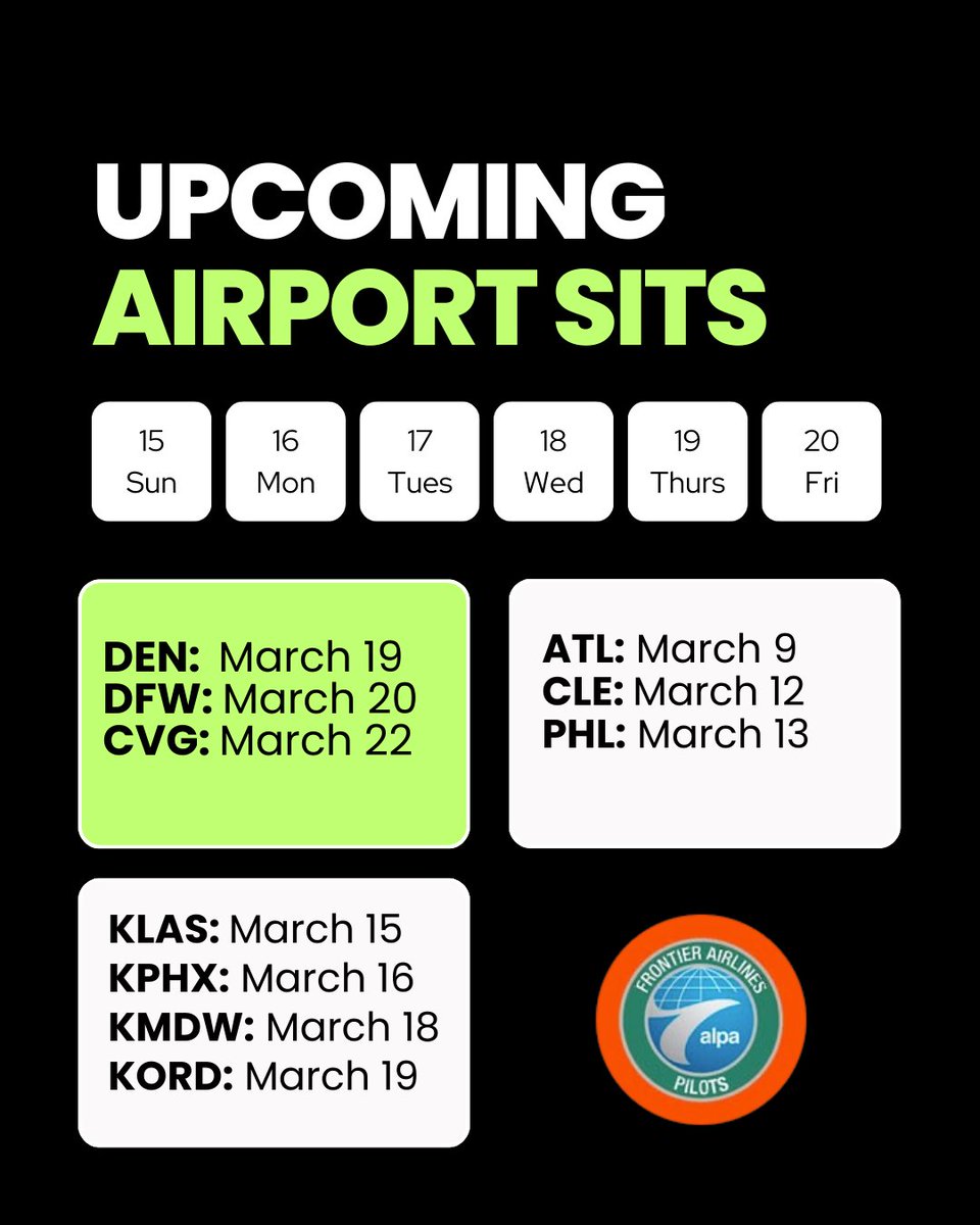 F9ALPA's tweet photo. We’re coming to a base near you. ✈️
Join your MEC reps at an upcoming airport sit to connect, ask questions, and stay informed. Dates and locations below—hope to see you there! https://t.co/L67x1h6kRv