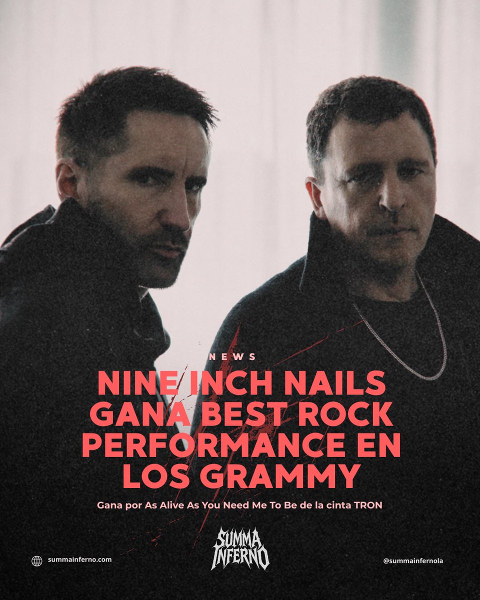 summainfernola's tweet photo. 🏆🔥 Nine Inch Nails ganó el Grammy 2026 a Mejor Interpretación de Rock con “As Alive As You Need Me To Be”.

#NineInchNails #Grammys2026 #RockPerformance #IndustrialRock #MusicNews https://t.co/NVRJNDaYe0
