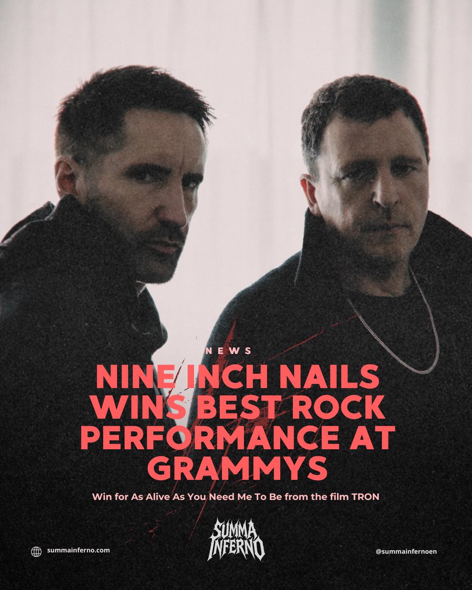 🏆🔥 Nine Inch Nails have won the 2026 Grammy Award for Best Rock Performance with “As Alive As You Need Me To Be”.

#NineInchNails #GRAMMYs2026 #BestRockPerformance #RockMusic #MusicAwards