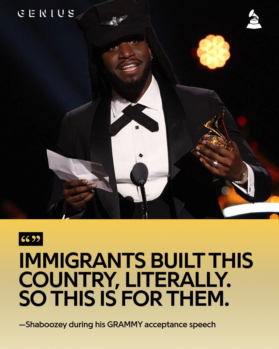 .@shaboozeysjeans showed love to all the immigrants who make america the country it is during his #GRAMMYs acceptance speech 💯

“immigrants built this country, literally. so this is for them, for all children of immigrants. this is also for those who came to this country in