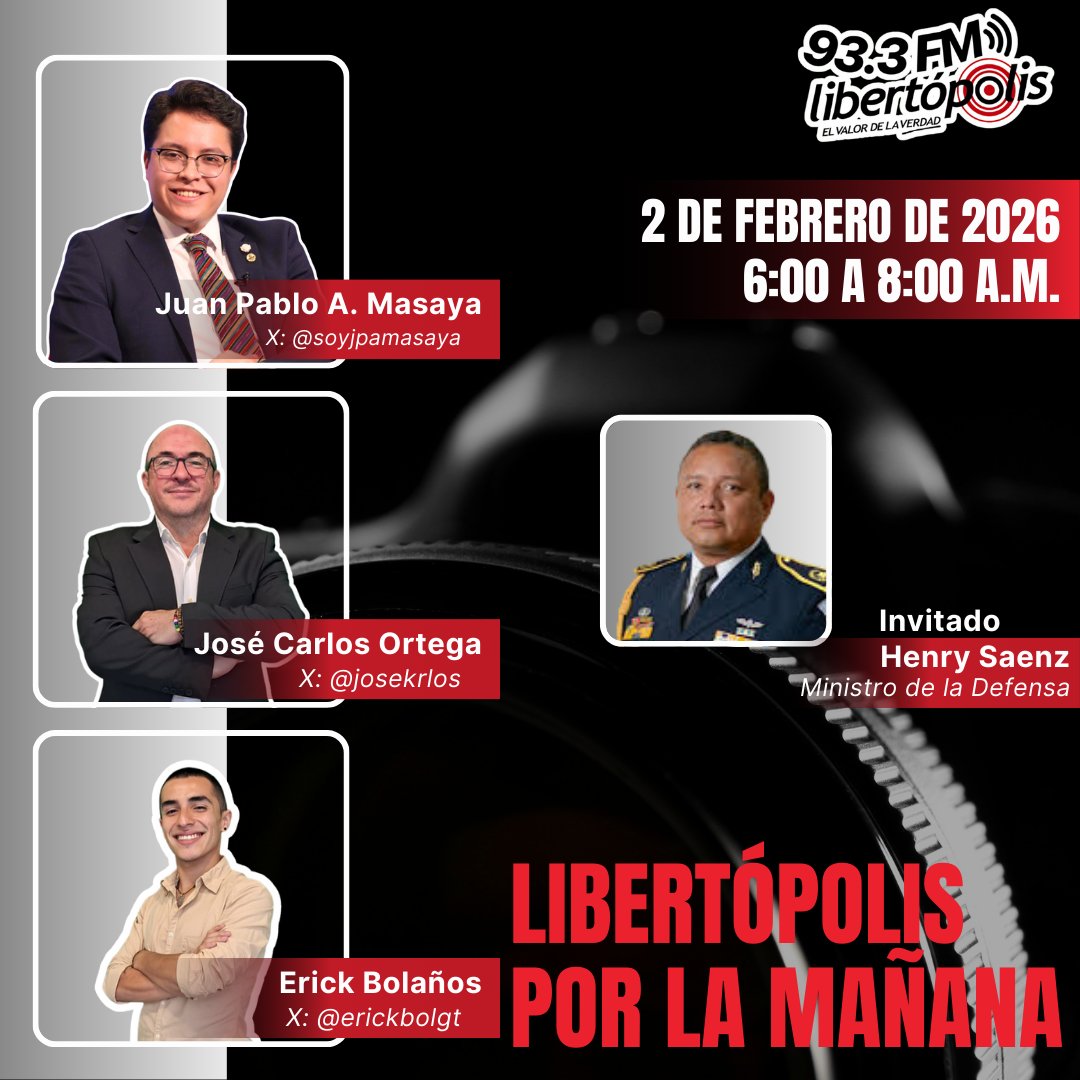 📻 Sintoniza Libertópolis por la Mañana

🎙️ Acompañanos como cada mañana, junto a nuestros conductores
🎧 En cabina:
• Juan Pablo Álvarez (soyjpamasaya)
• José Carlos Ortega (<a href="/josekrlos/">José Carlos Ortega Santa Cruz</a>)
• Erick Bolaños (<a href="/erickbolgt/">Erick Bolaños</a>)

📅 Fecha: 2 de febrero de 2026
⏰ Hora: 6:00 a 8:00 a.m.