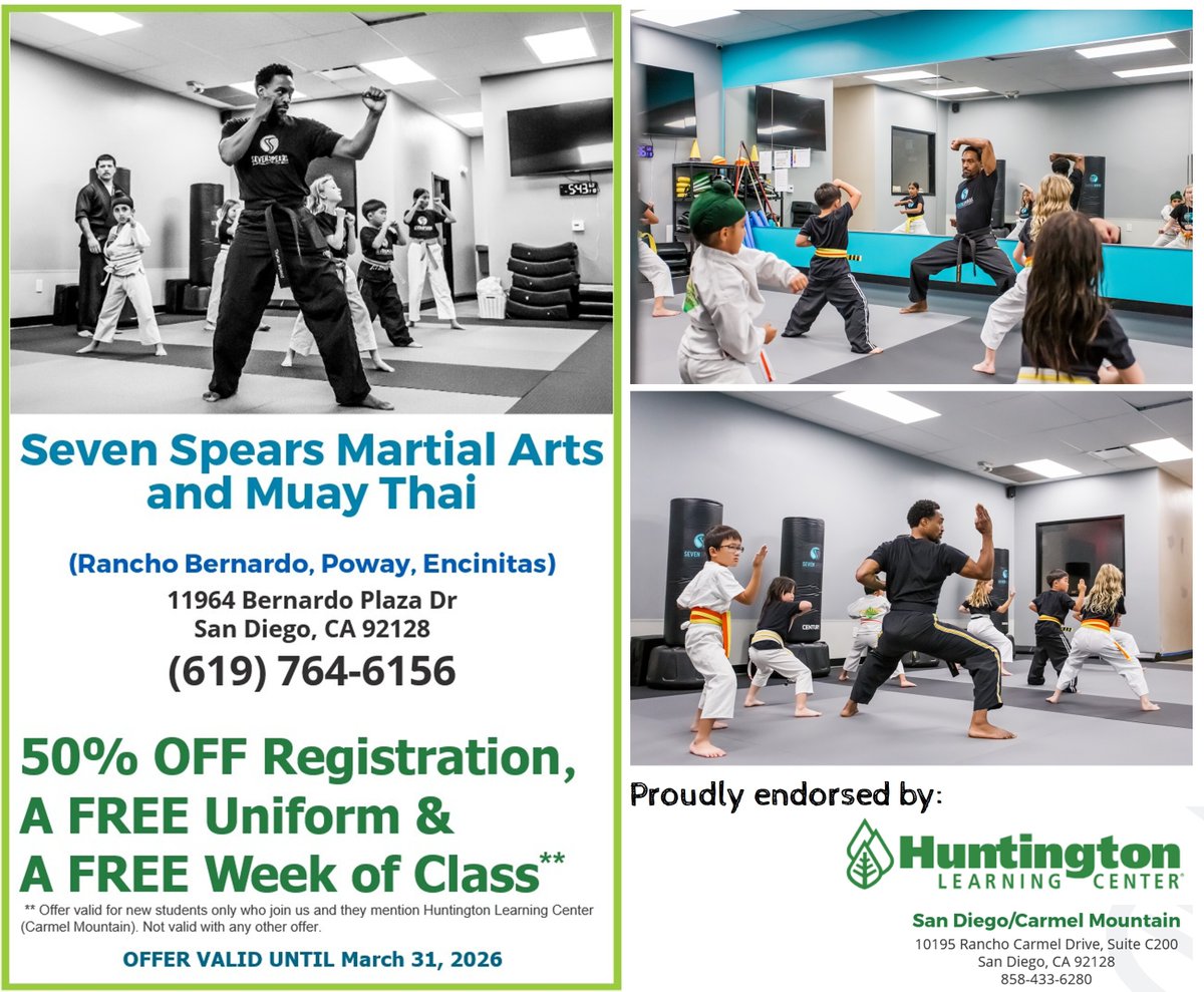 🥋 Build Confidence. Focus. Strength. 📚
Huntington Learning Center <a href="/Carmel/">carmel</a> Mountain, San Diego is proud to promote 7 Spears Martial Arts &amp; Muay Thai, offering programs for kids, youth, and adults!
✨Martial arts helps students develop discipline, self-confidence, respect, and...