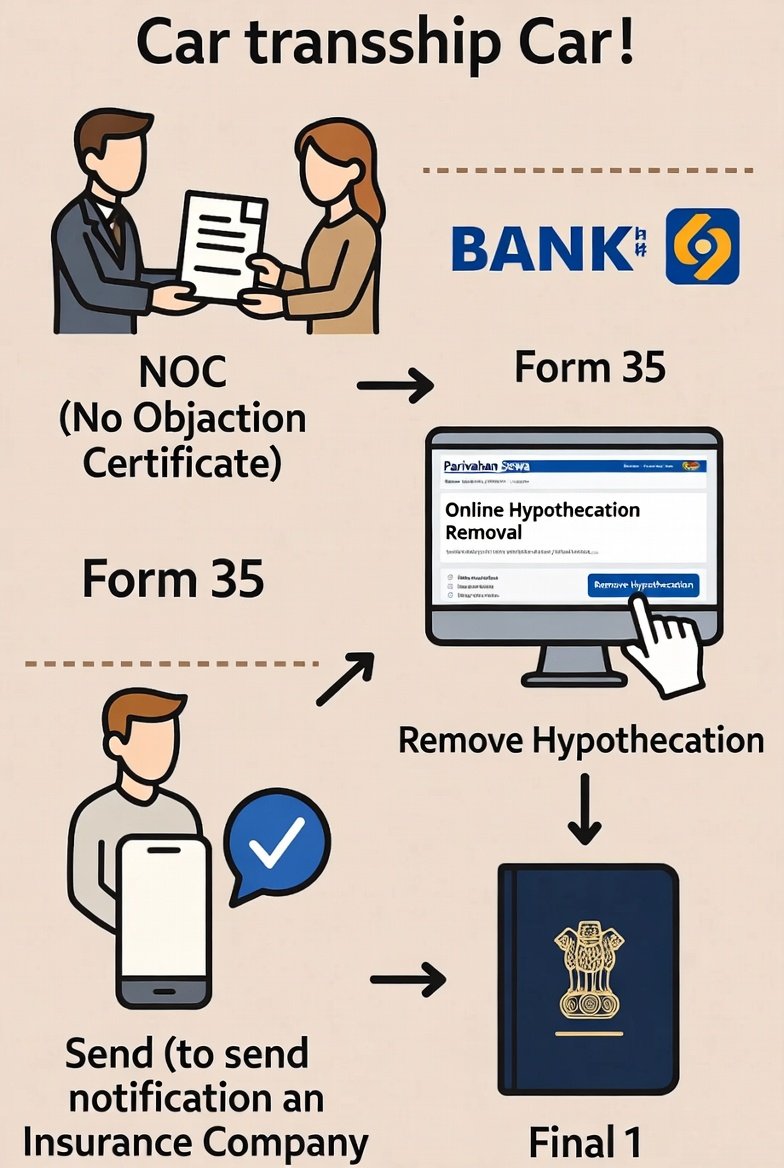 क्या आपकी कार सच में "आपकी" है? 
अगर आपने आखिरी EMI भर दी और जश्न मना रहे हैं तो रुकिए!

सिर्फ लोन चुकाने से कार 100% आपकी नहीं हो जाती। RC पर बैंक का नाम (Hypothecation) होने तक कानूनी मालिक बैंक ही रहता है! 

लोन क्लोज होने के बाद तुरंत ये करें:

1. बैंक से तुरंत मांगें:

° NOC