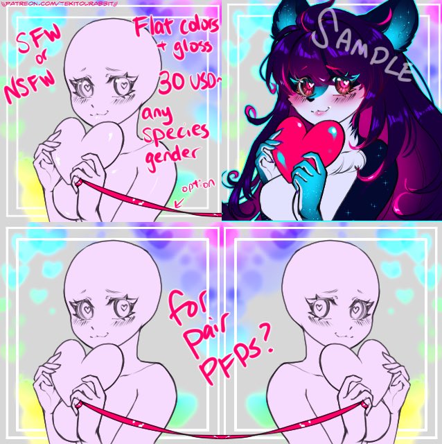 Hi again💖
A profile picture ych for February~
Clean line art w flat colors and highlights!
Any gender/species, sfw/nsfw.

Choose the ribbon of fate option (sample at the very bottom) for a pair!
From 30 USD
#furry
