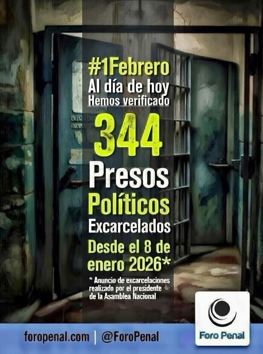 #1F 7:30pm (Venezuela) 
344 excarcelaciones de presos políticos verificadas por el <a href="/ForoPenal/">Foro Penal</a> desde el 8 de enero de 2026. 

Treinta y tres (33) el día de hoy.

Seguimos
