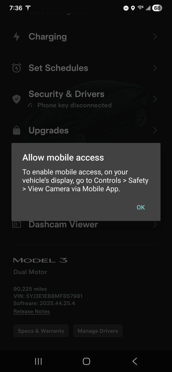 Digital__Mayhem's tweet photo. @elonmusk @Tesla really need to make it so we can set up/restrict ability to turn off any type of mobile access. Really getting sick of employees turning off on company car. Should be able to setup so cannot be turned off without a PIN or Password. https://t.co/CN5RVAzNpZ